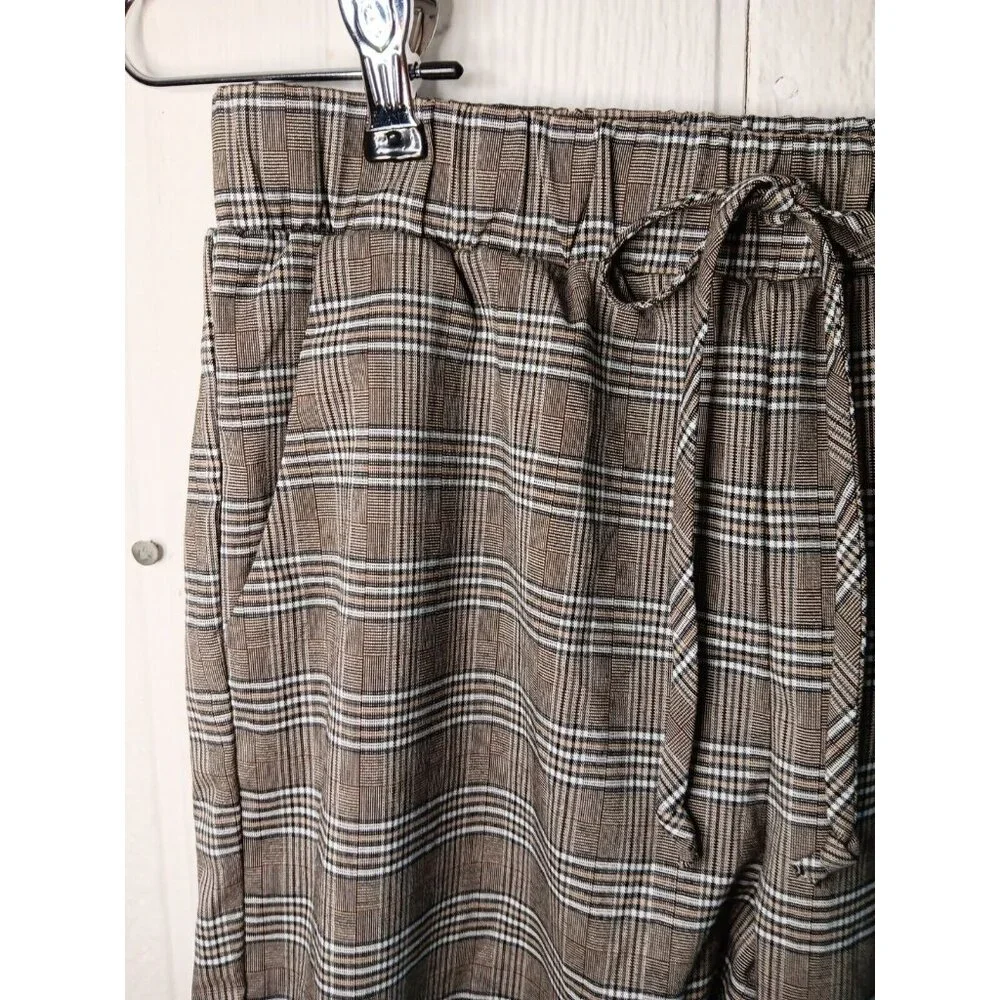Sky and Sparrow Women S Black Taupe Plaid Elastic Waist Tapered Leg Jogger Pants - Picture 2 of 9